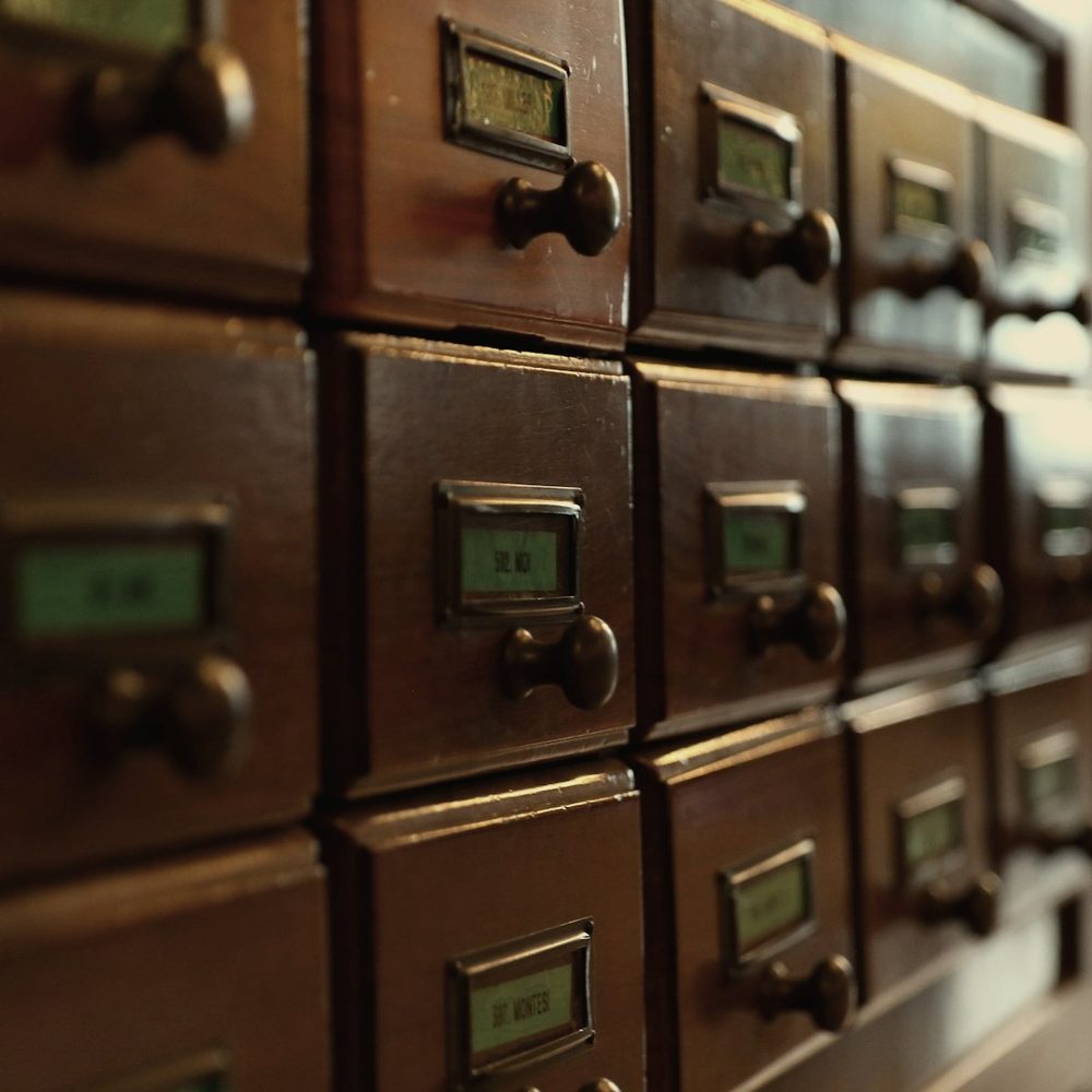 Rows of drawers in a card catalogue